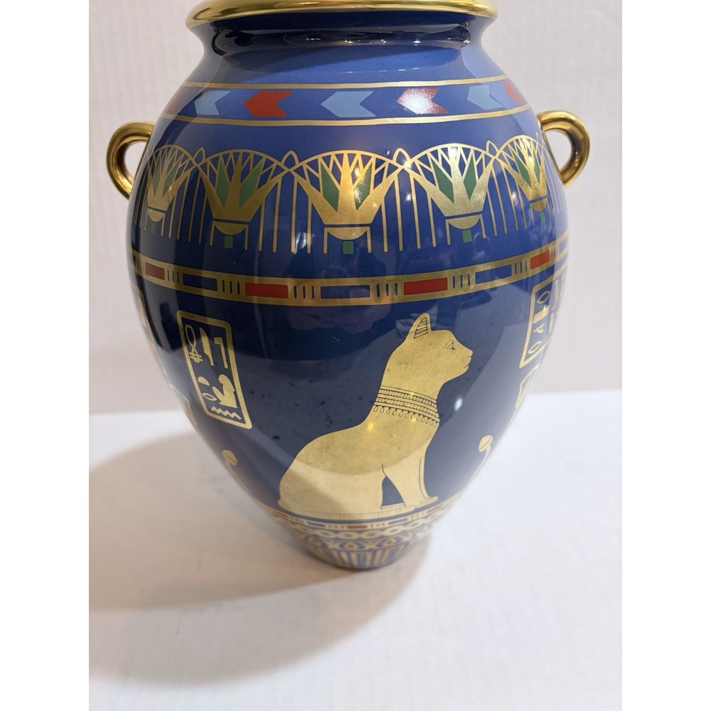Franklin Mint Golden Vase of Bast 1987 Blue Porcelain 24kt Gold Handles